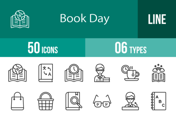 50 Book Day Line Icons for Creative Projects