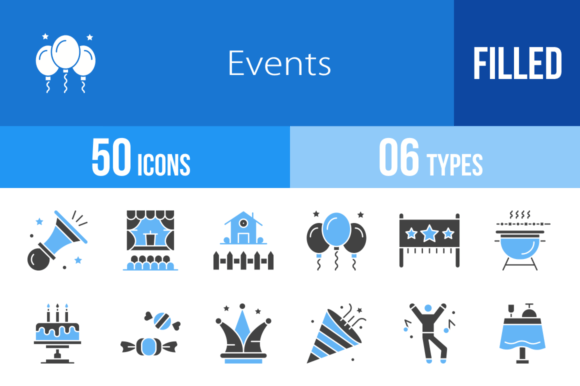 50 Events Filled Blue & Black Icons for Every Occasion