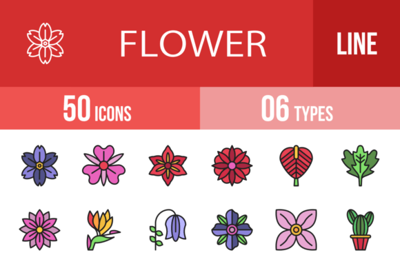 50 Flowers Filled Line Icons: Essential Botanical Design Assets