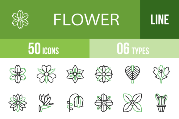 50 Flowers Line Green and Black Icons for Modern Design