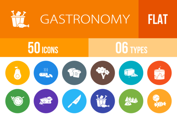 50 Gastronomy Flat Round Icons: A Designer's Essential Kitchen Toolkit