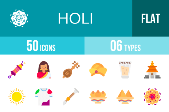50 Holi Flat Multicolor Icons: A Vibrant Design Toolkit