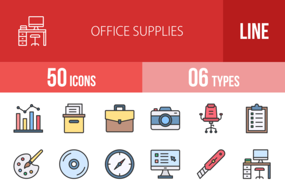 50 Office Supplies Filled Line Icons: Versatile Design Assets