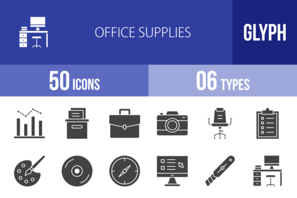 50 Office Supplies Glyph Icons: Essential Design Assets