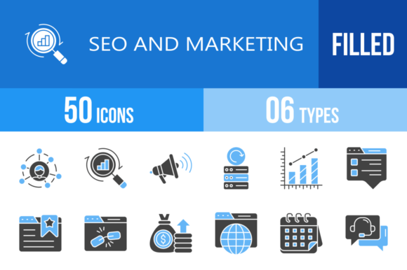 50 SEO and Marketing Blue & Black Icons for Digital Design