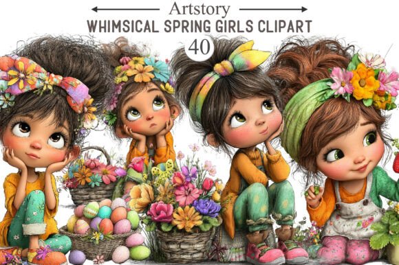 Whimsical Spring Girls Clipart: Fresh Design Assets