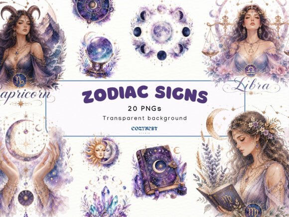 Zodiac Sign Watercolor Clipart Astrology: Celestial Design Assets